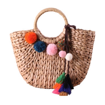 Simple hand-stitched straw bag Pom Pom tassel hand-woven bag summer beach accessories