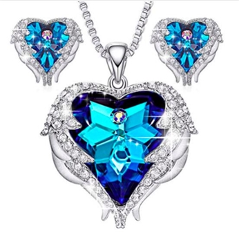 Angel Wing Heart of Ocean Pendant Necklaces Studs Earrings for Women 